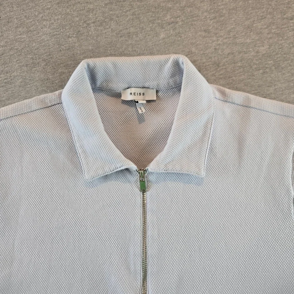 Reiss Billy Zip Polo Mens Size M Light Blue Textured Waffle Knit Short Sleeve - Picture 3 of 13